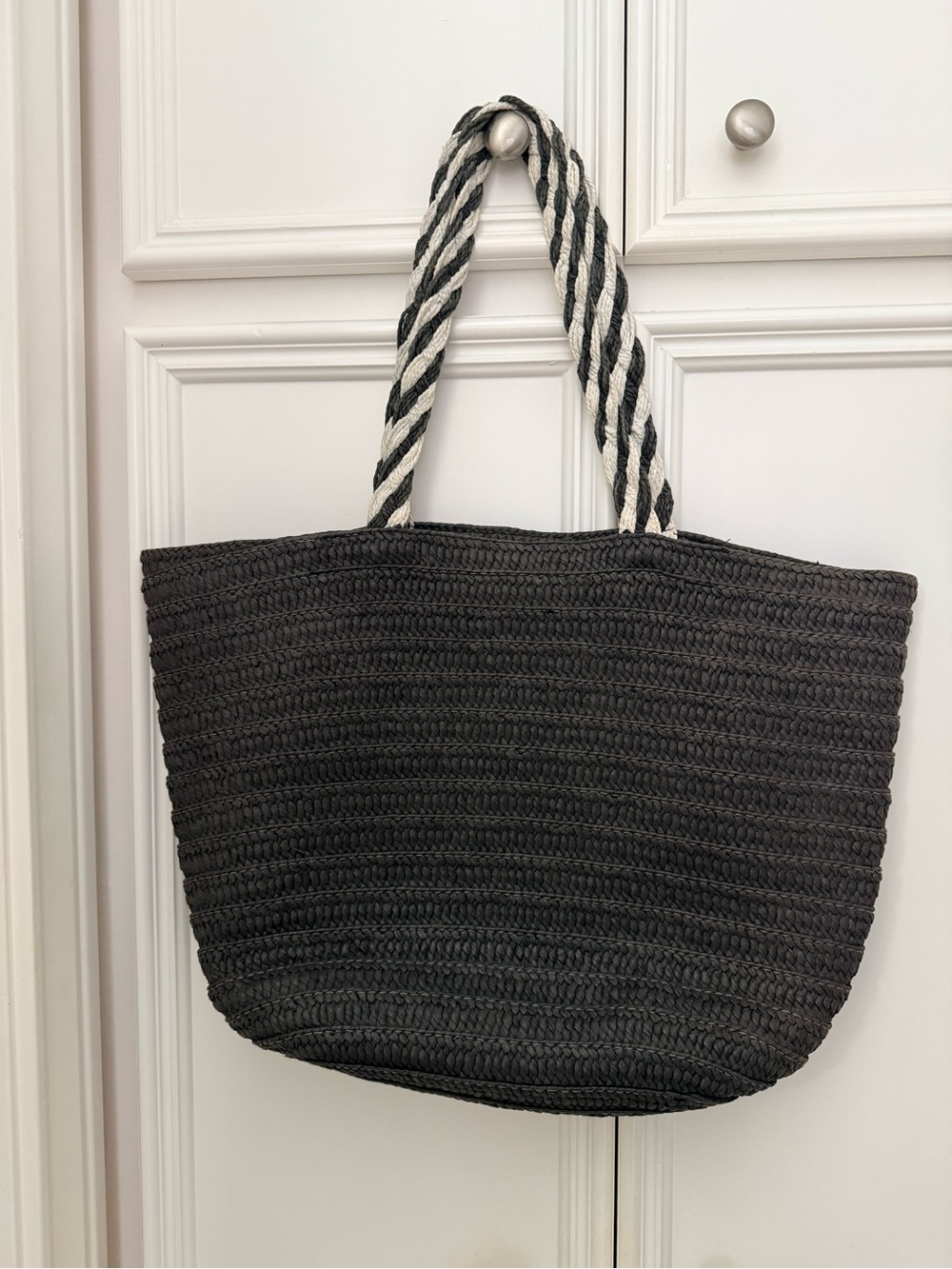 Rachel Zoe Black Woven Tote with Striped Rope Handles